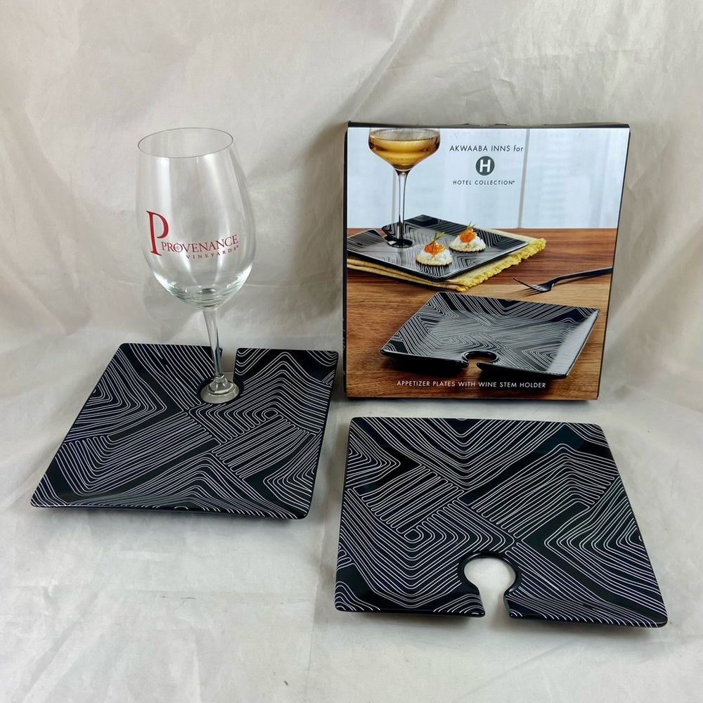Hotel Collection Black and White Two Appetizer Plates with Wine Stem Holder NEW
